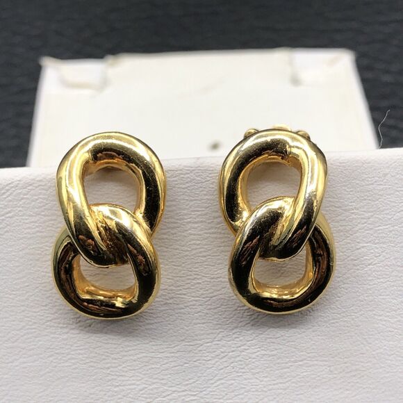 Vintage David Hill Earrings Double Link 1980s Gold Tone Clip On Half Hoop - Picture 2 of 9